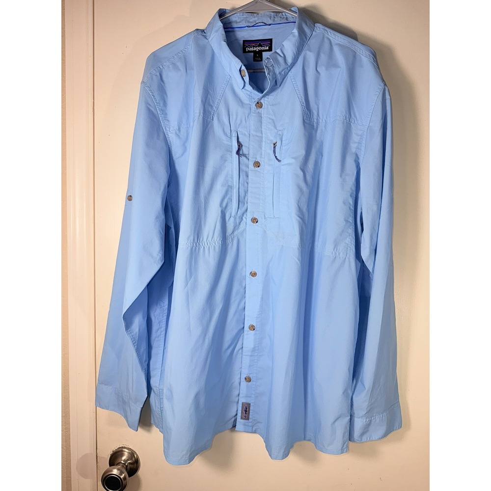 Patagonia Sun Stretch Shirt Men's Large Blue Fishing Button Down Zip Pocket